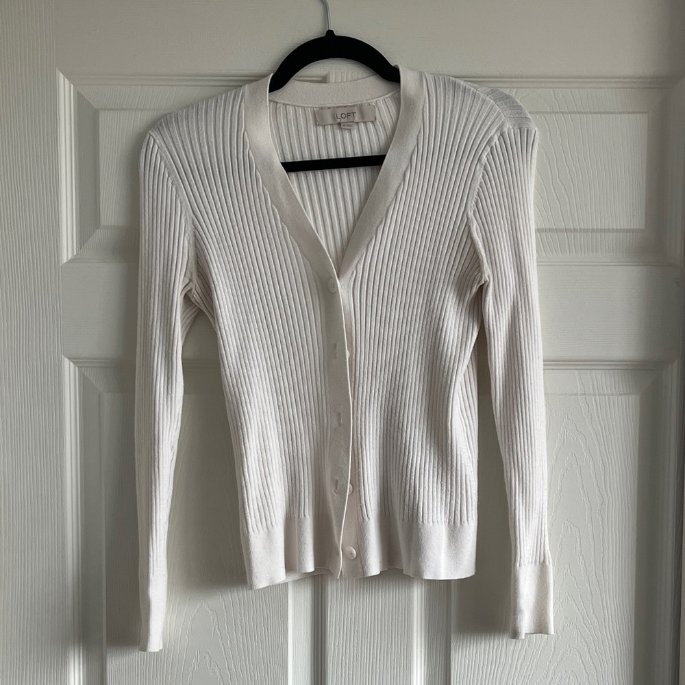 Loft White Ribbed Cardigan Sweater